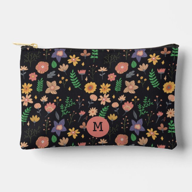 Pretty Modern Dark Floral Pattern Monogram Accessory Pouch (Front)
