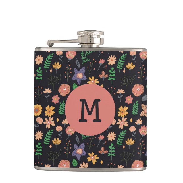 Pretty Modern Dark Floral Pattern Monogram Hip Flask (Front)