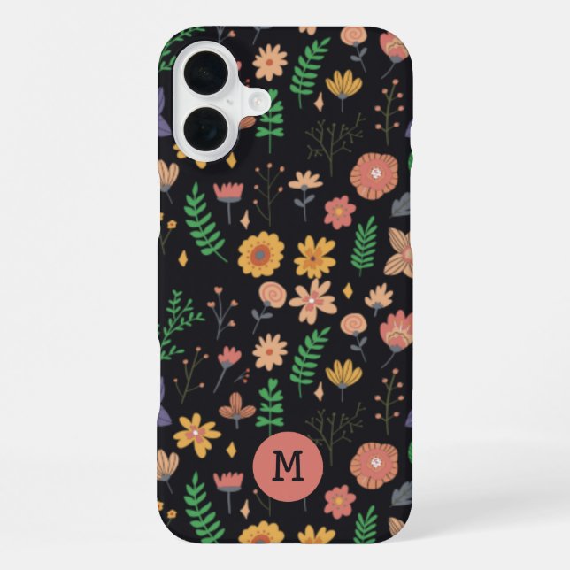 Pretty Modern Dark Floral Pattern Monogram iPhone Case (Back)