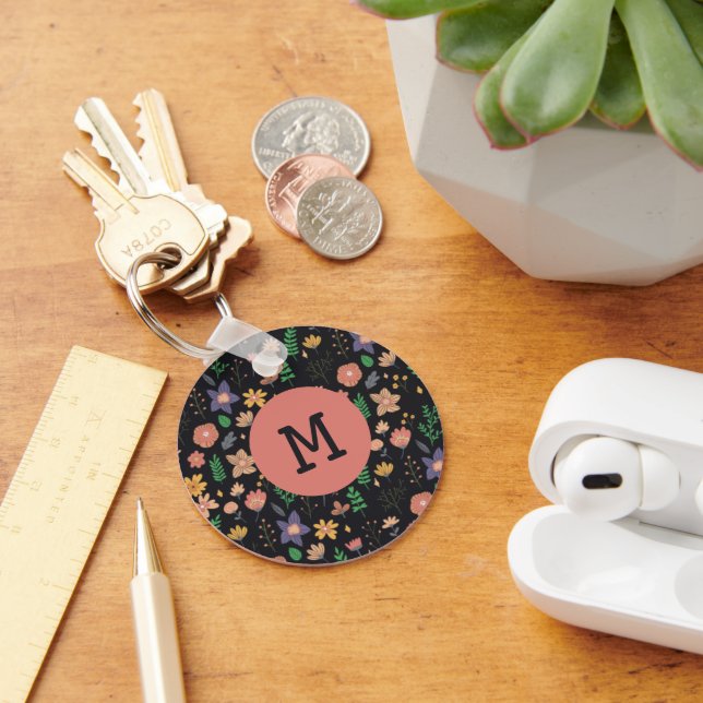 Pretty Modern Dark Floral Pattern Monogram Key Ring (Desk)