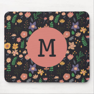Pretty Modern Dark Floral Pattern Monogram Mouse Pad