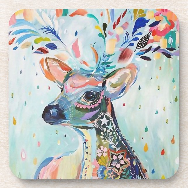 Pretty Modern Deer Art Flower Antlers Coaster (Front)