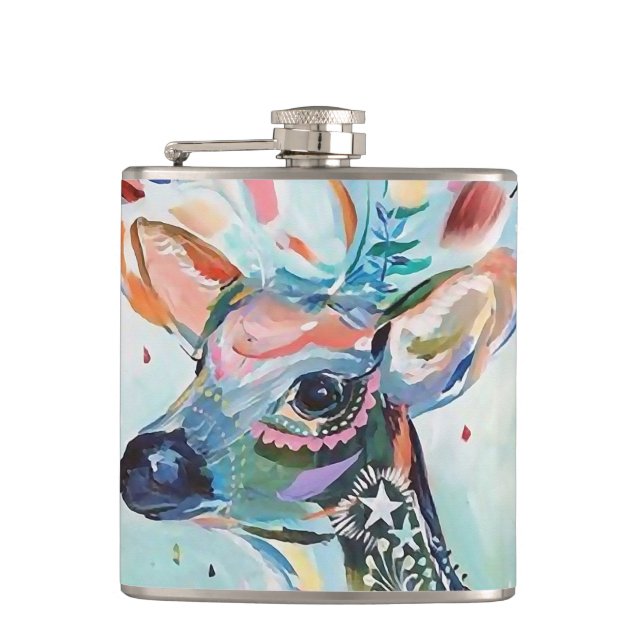 Pretty Modern Deer Art Flower Antlers Hip Flask (Front)