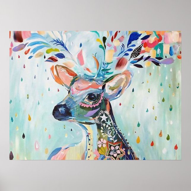 Pretty Modern Deer Art Flower Antlers Poster (Front)