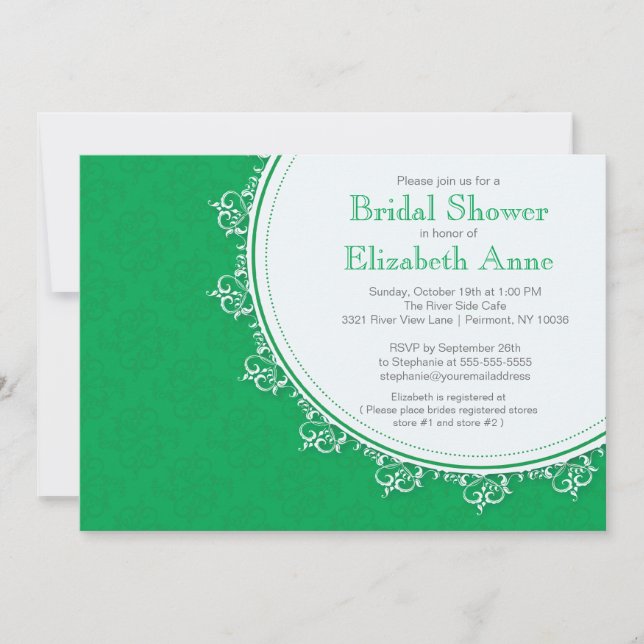 Pretty Modern Emerald Green Damask Bridal Shower Invitation (Front)