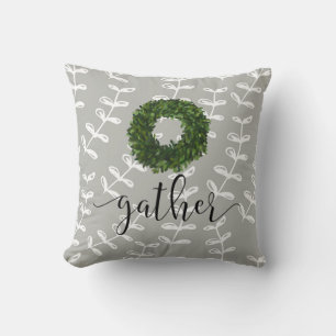 Pretty Modern Farmhouse Script Boxwood Wreath Cushion