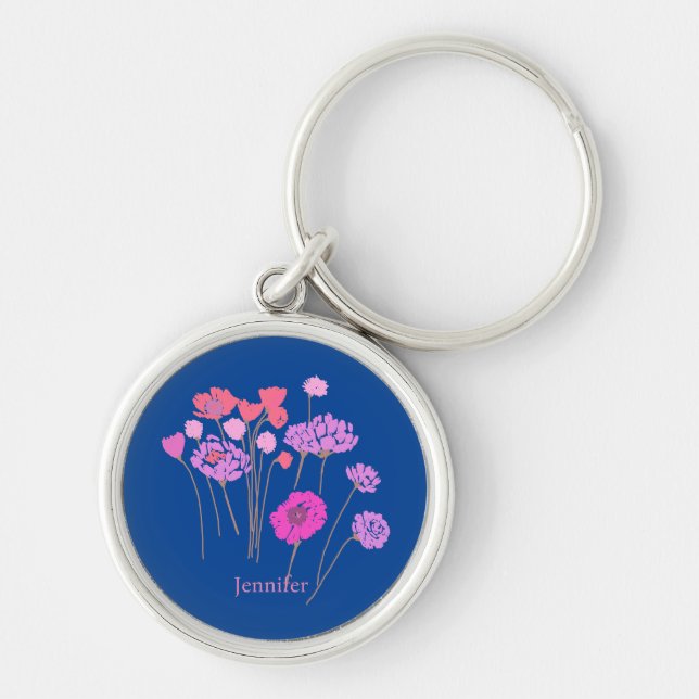 Pretty Modern Floral Dark Blue Key Ring (Front)