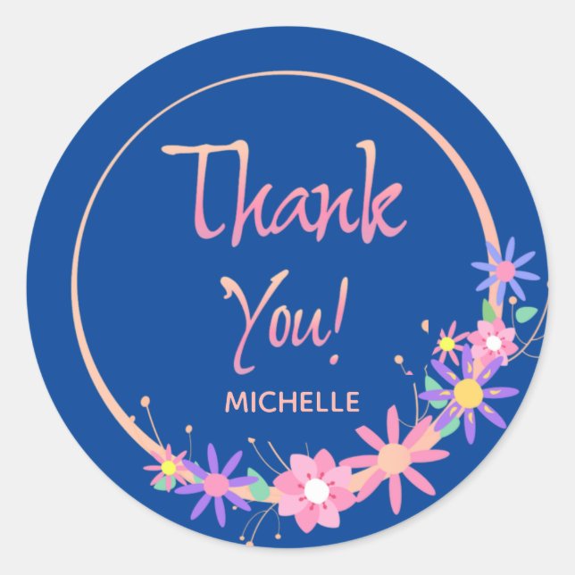 Pretty Modern Floral Wreath Blue Custom Thank You  Classic Round Sticker (Front)