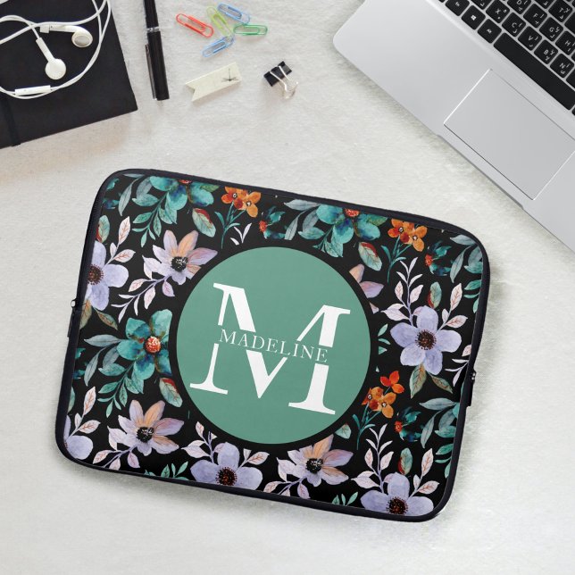 Pretty Modern Girly Floral Monogram Name Modern Laptop Sleeve (Creator Uploaded)