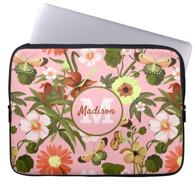 Pretty Modern Girly Pink Monogram Floral Pattern Laptop Sleeve (Front)