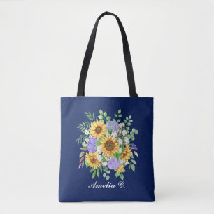 Pretty Modern Navy Sunflower & Wildflowers Design Tote Bag