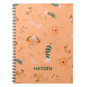 Pretty Modern Orange Flower Pattern Personalised Notebook