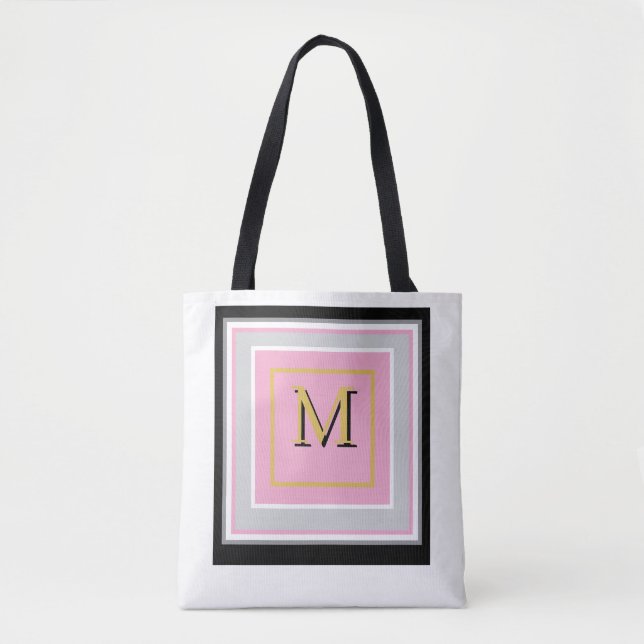 Pretty Modern Pink, Black, Grey & White Monogram  Tote Bag (Front)