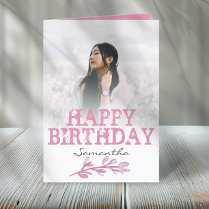 Pretty Modern Pink Photo Watercolor Birthday Card