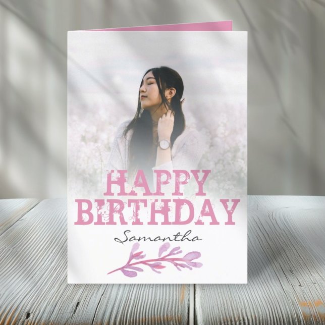 Pretty Modern Pink Photo Watercolor Birthday Card (Creator Uploaded)
