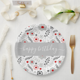 Pretty Modern Red and Grey Flowers Birthday Paper Plate