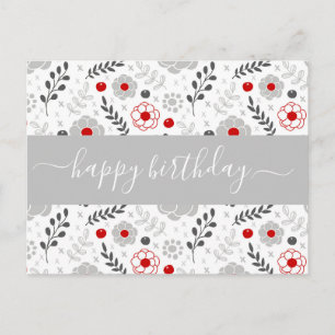 Pretty Modern Red and Grey Flowers Birthday Postcard