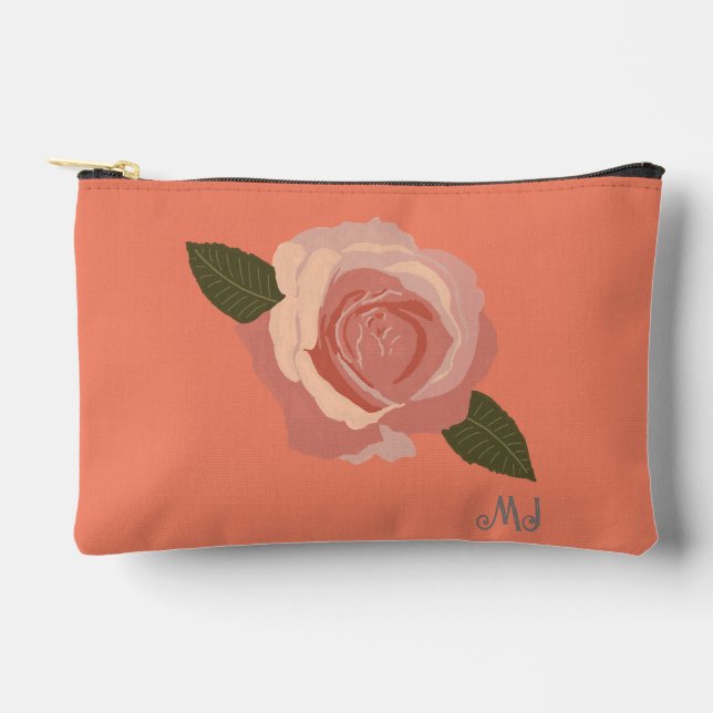 Pretty Modern Stylish Pink Rose+Initials Peach Accessory Pouch (Front)