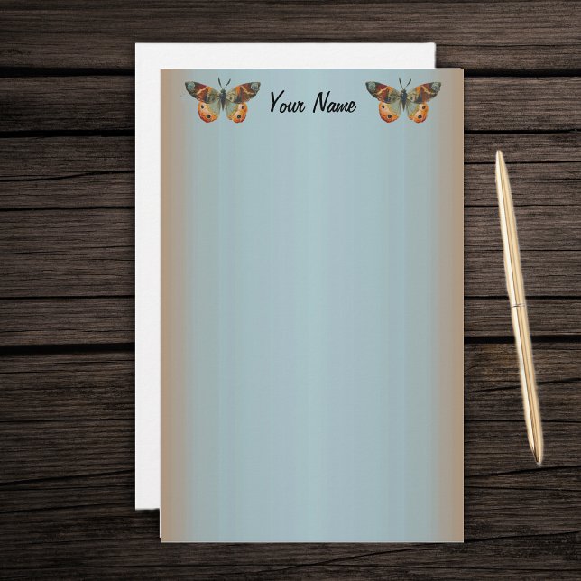 Pretty Monarch Butterfly Abstract Border Stationery (Two pretty monarch butterflies in autumn colours on blue with orange borders stationery paper.)