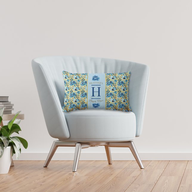 Pretty Monogram Blue Gold Country Rose Happy Place Lumbar Cushion (Creator Uploaded)