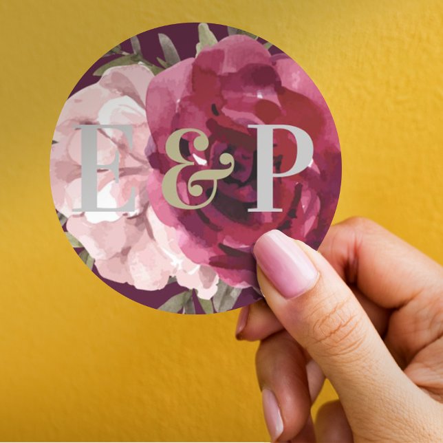 Pretty Monogram Burgundy Blush Pink Floral Wedding Classic Round Sticker (Creator Uploaded)