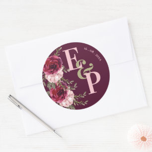 Pretty Monogram Burgundy Blush Pink Floral Wedding Classic Round Sticker
