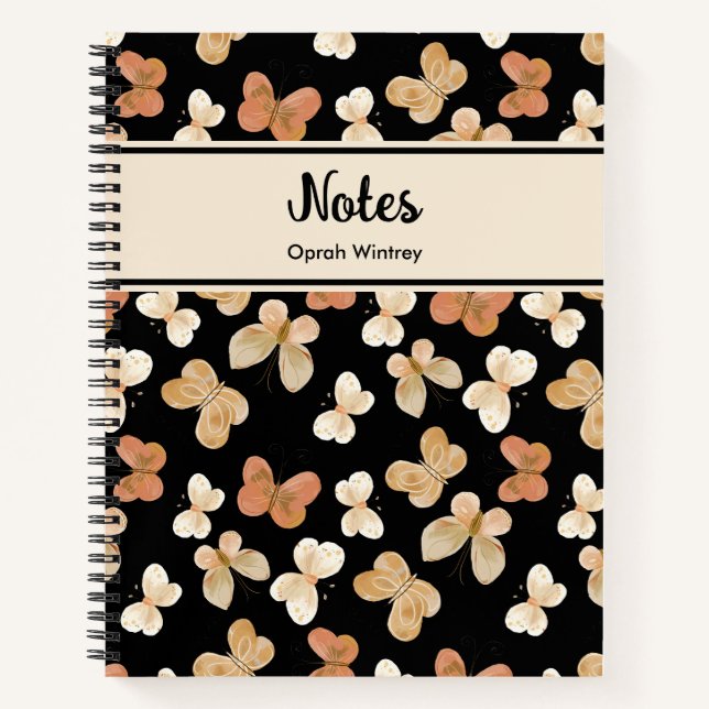 Pretty Monogram Butterfly Personalised Name Black Notebook (Front)
