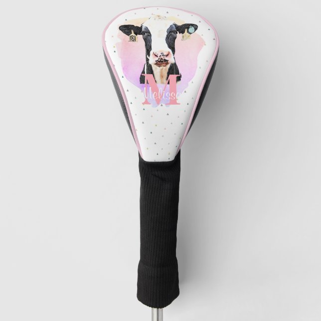 Pretty Monogram Girls Name Pink Cute Holstein Cow Golf Head Cover (Front)
