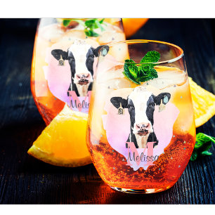 Pretty Monogram Girls Name Pink Cute Holstein Cow Stemless Wine Glass