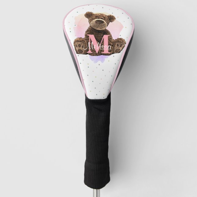 Pretty Monogram Girls Name Pink Teddy Bear Golf Head Cover (Front)