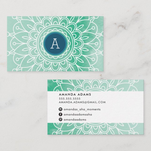 PRETTY MONOGRAM modern boho mandala pattern green Business Card (Front/Back)