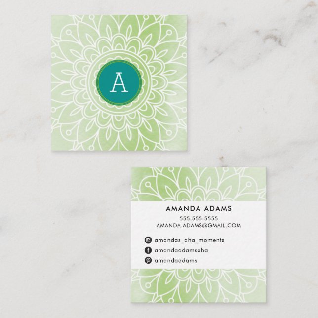 PRETTY MONOGRAM modern boho mandala pattern green Square Business Card (Front/Back)