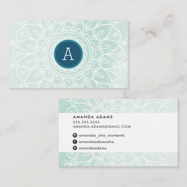 PRETTY MONOGRAM modern boho mandala pattern mint Business Card (Front/Back)