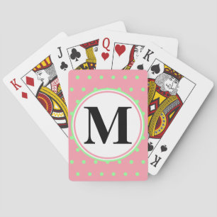 Pretty Monogram Pink Green Polka Dots Playing Cards