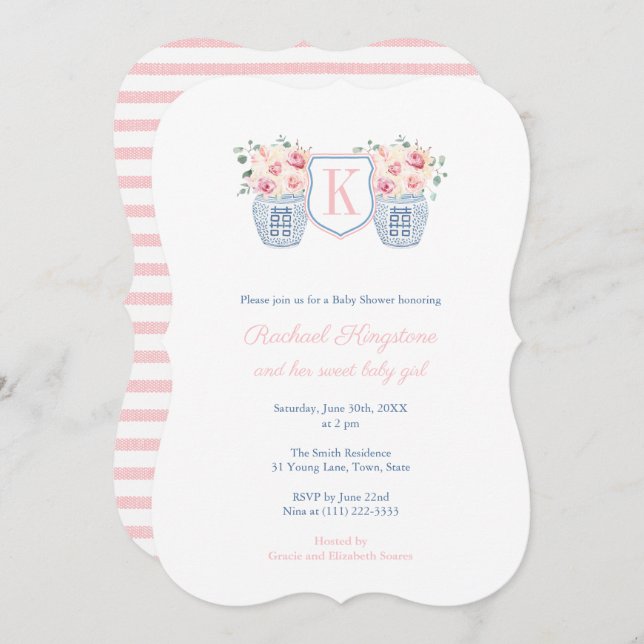 Pretty Monogram Pink Roses Little Girl Baby Shower Invitation (Front/Back)