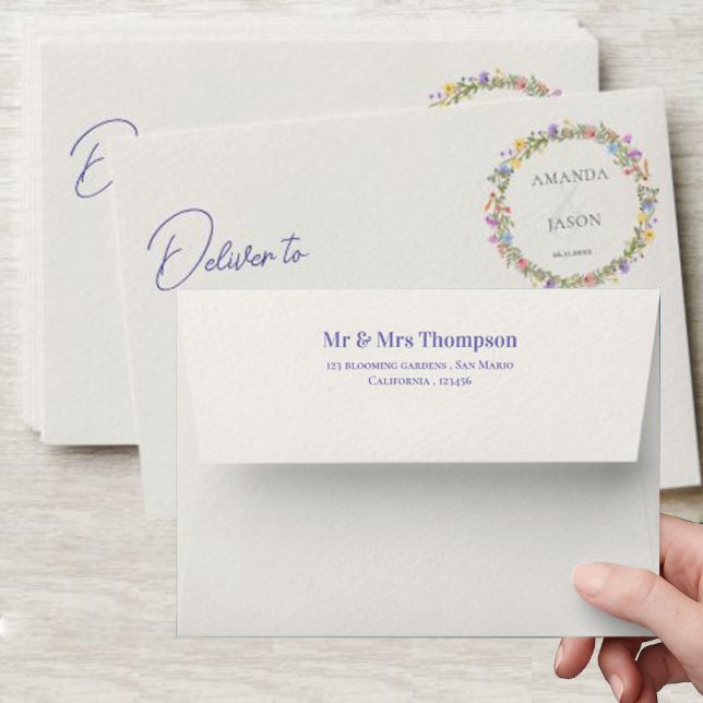 Pretty Monogram Purple Blue Wildflowers Wedding  Envelope (Pretty Monogram Purple Blue Wildflowers Wedding Envelope)