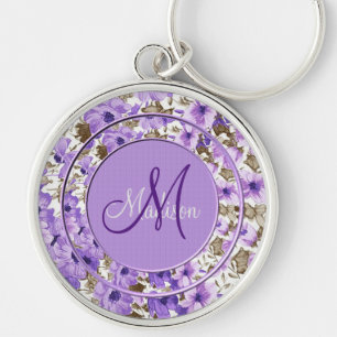 Pretty Monogram Purple & White Floral Key Chain