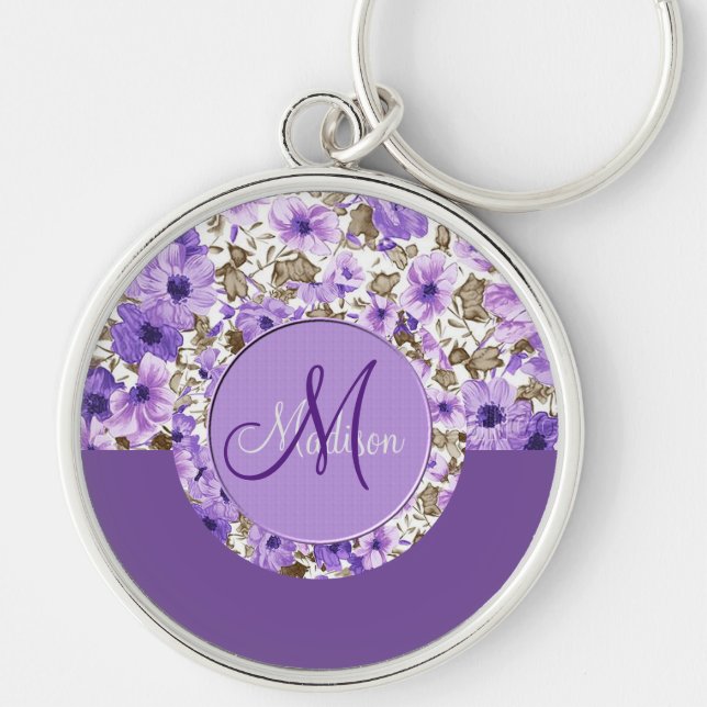 Pretty Monogram Purple & White Floral Key Chain 3 (Front)