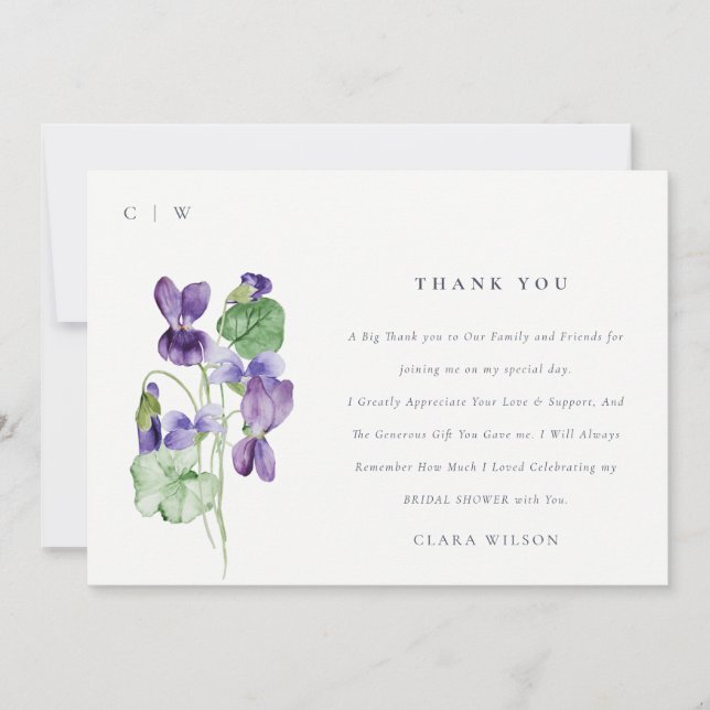 Pretty Monogram Violet Floral Bunch Bridal Shower Thank You Card (Front)
