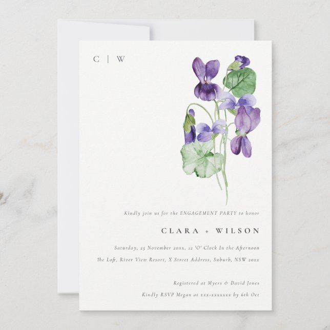 Pretty Monogram Violet Floral Bunch Engagement Invitation (Front)