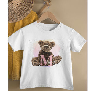 Pretty Monogram Watercolor Name Kids Teddy Bear Baby T-Shirt