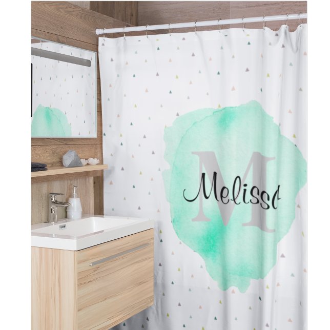 Pretty Monogram Watercolor Name Pattern Modern Shower Curtain (Pretty and modern teal monogram shower curtain.)