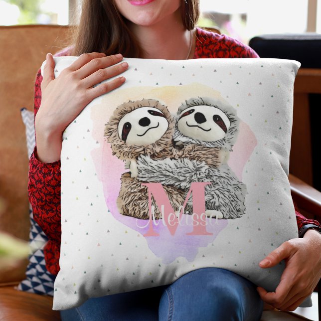 Pretty Monogram Watercolor Name Pink Sloth Hugs Cushion (Creator Uploaded)