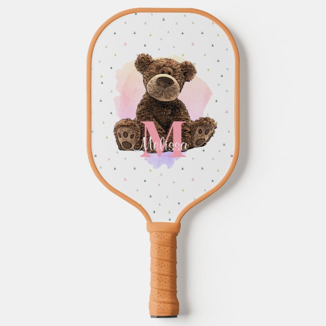Pretty Monogram Watercolor Name Pink Teddy Bear Pickleball Paddle (Front)