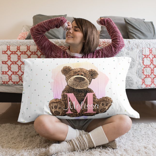 Pretty Monogram Watercolor Name Pink Teddy Bear Pillowcase (Creator Uploaded)