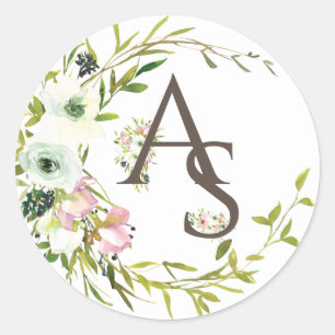 Pretty monogrammed Blush & white roses wreath  Classic Round Sticker