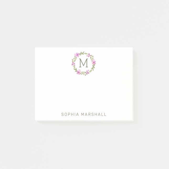 Pretty Monogrammed Greenery Floral Wreath Post-it Notes (Front)