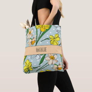 Pretty monogrammed Retro floral Blue pattern Tote Bag