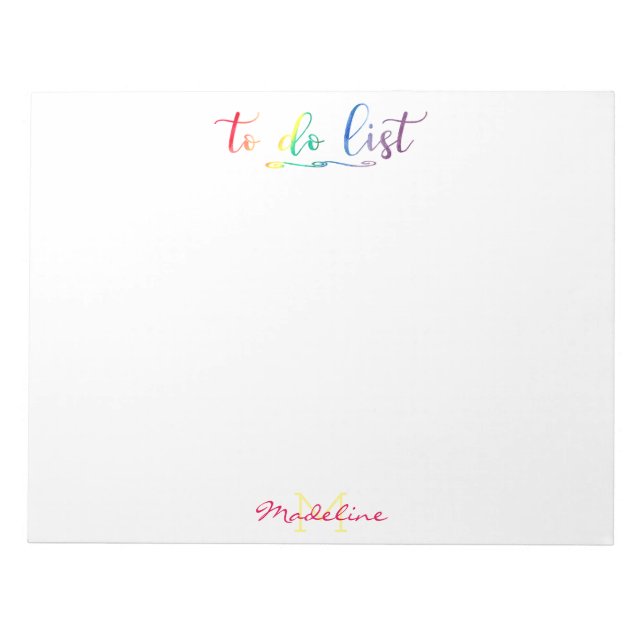 Pretty Monogrammed To Do List Modern Rainbow Notepad (Front)