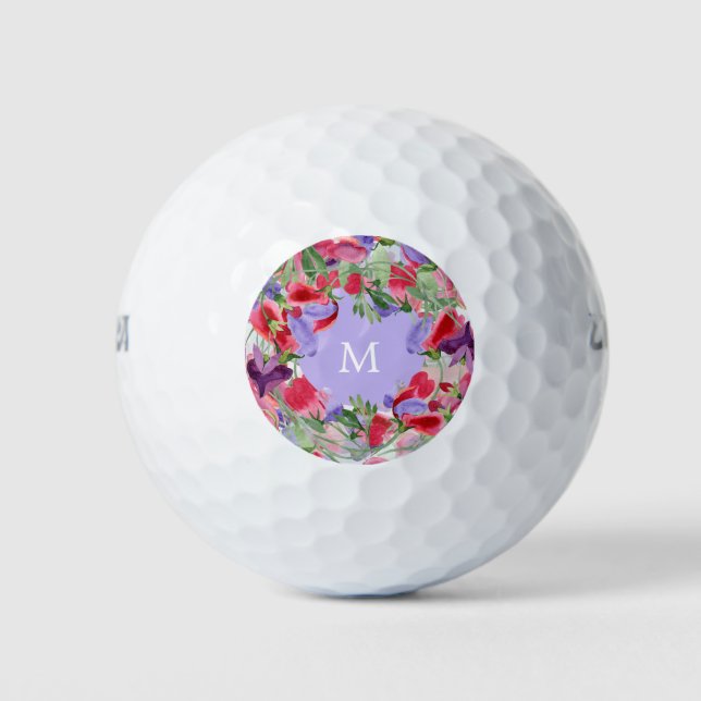 Pretty Monogrammed Watercolor Floral Golf Balls (Front)